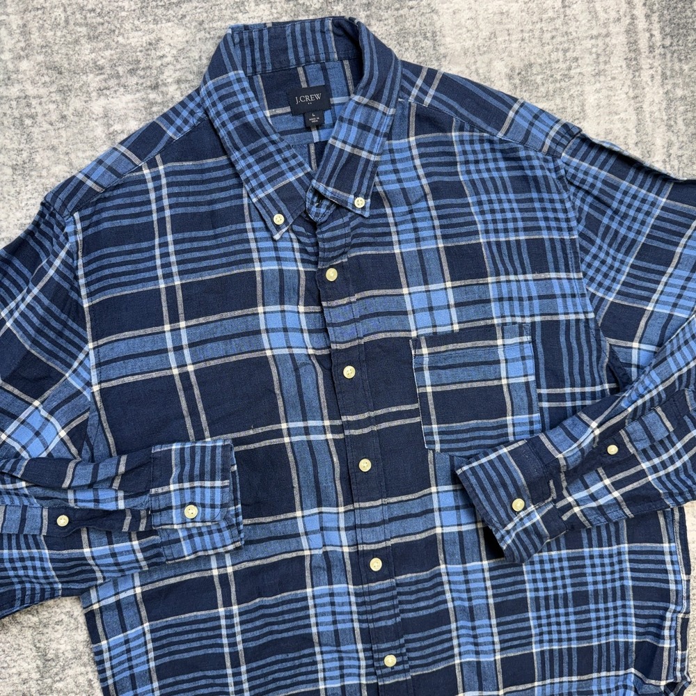 J Crew Shirt Mens Large Blue Plaid Linen Button Down Preppy Casual Lightweight